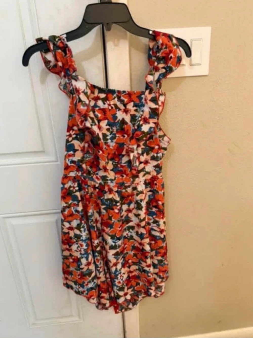 Women’s Floral Ruffle Sleeve Romper - Orange & Blue